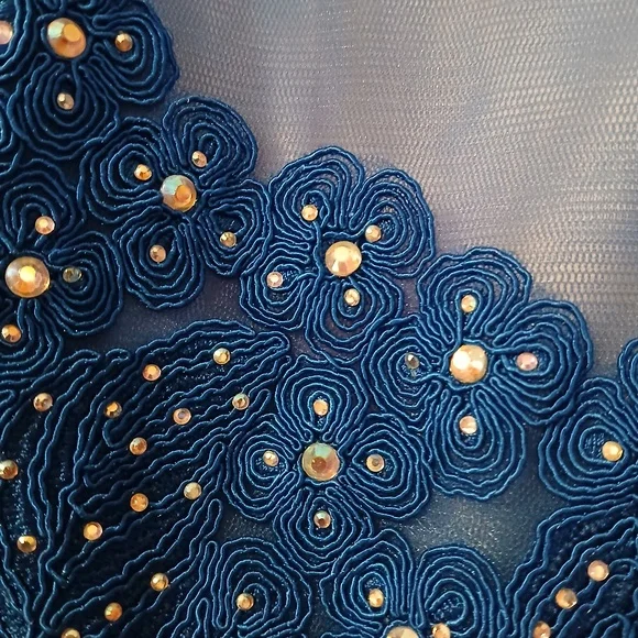 Anny Lee Blue Sequined Lace Wedding Prom Cocktail Evening Gown Dress Small - Picture 12 of 15